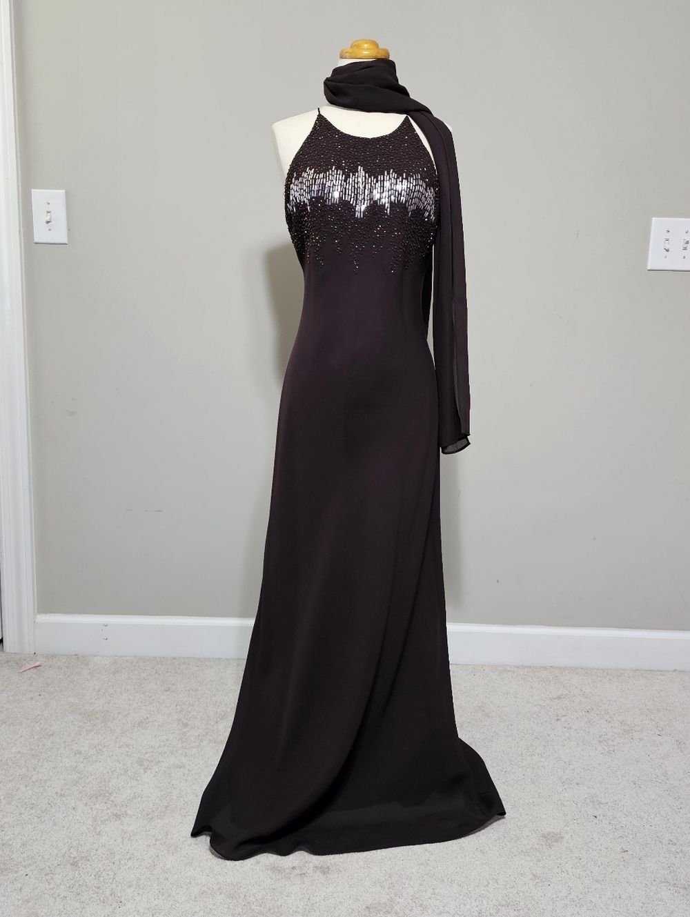 VTG Cachet Brown Beaded Halter Maxi Dress Scarf 12